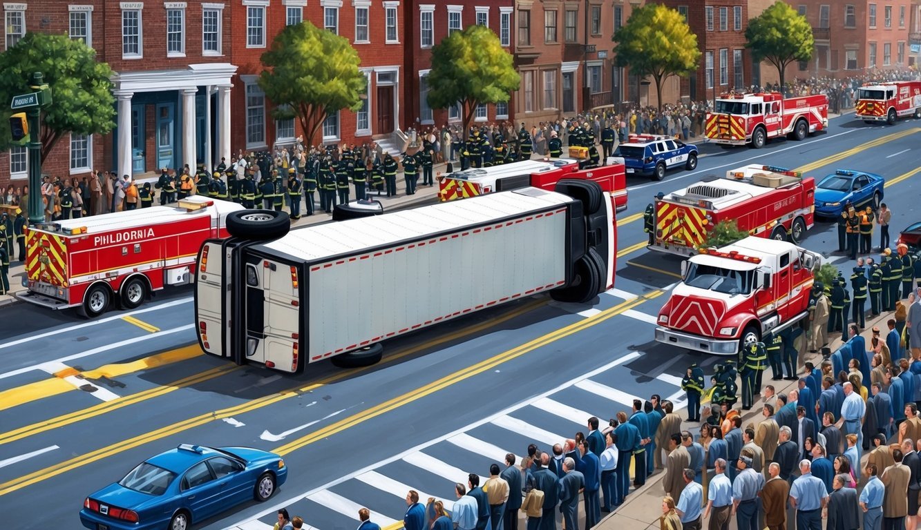 A truck overturned on a busy Philadelphia street, surrounded by emergency vehicles and a crowd of concerned onlookers