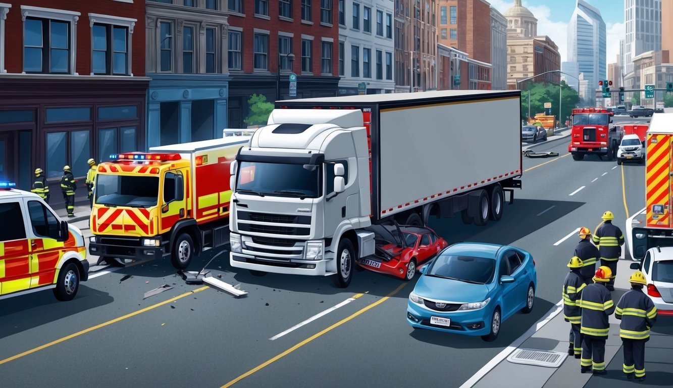 A large truck collides with a smaller vehicle on a city street.</p><p>Emergency vehicles and onlookers gather at the scene