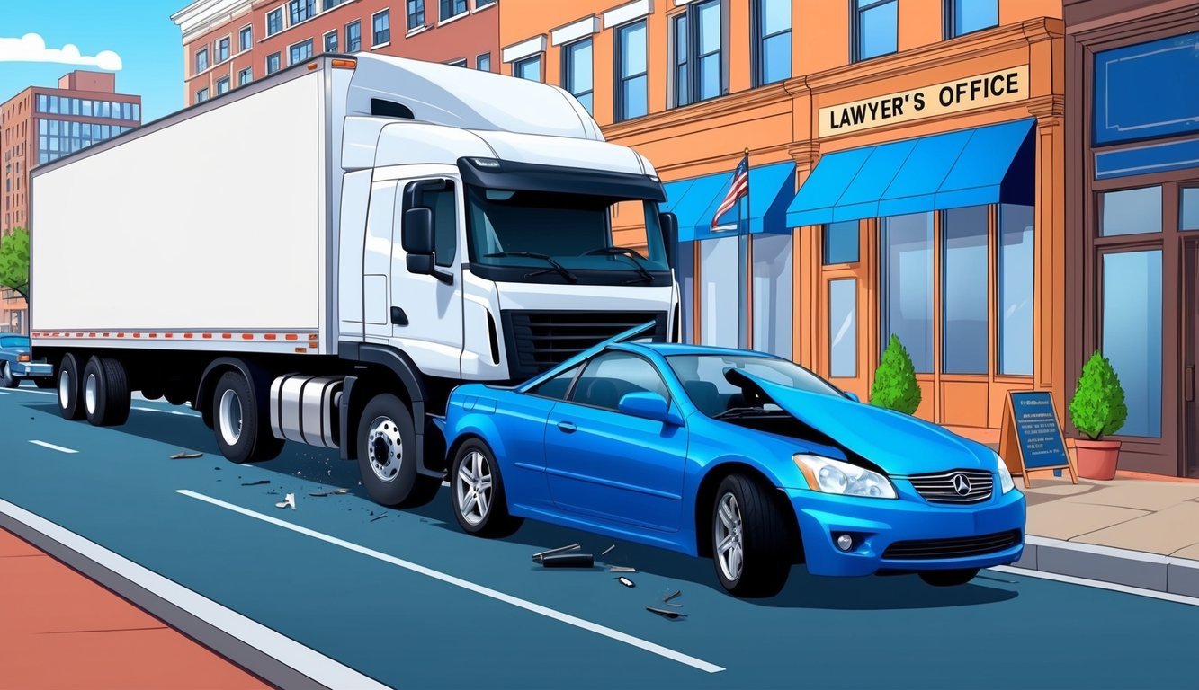 A truck crashed into a car on a city street, with a lawyer's office in the background