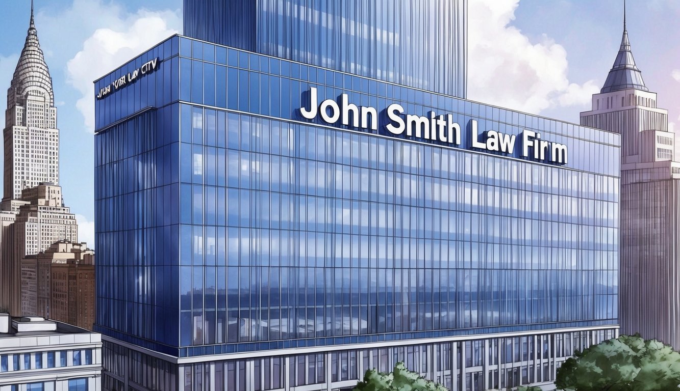 A sleek, modern office building in New York City with the name "John Smith Law Firm" prominently displayed