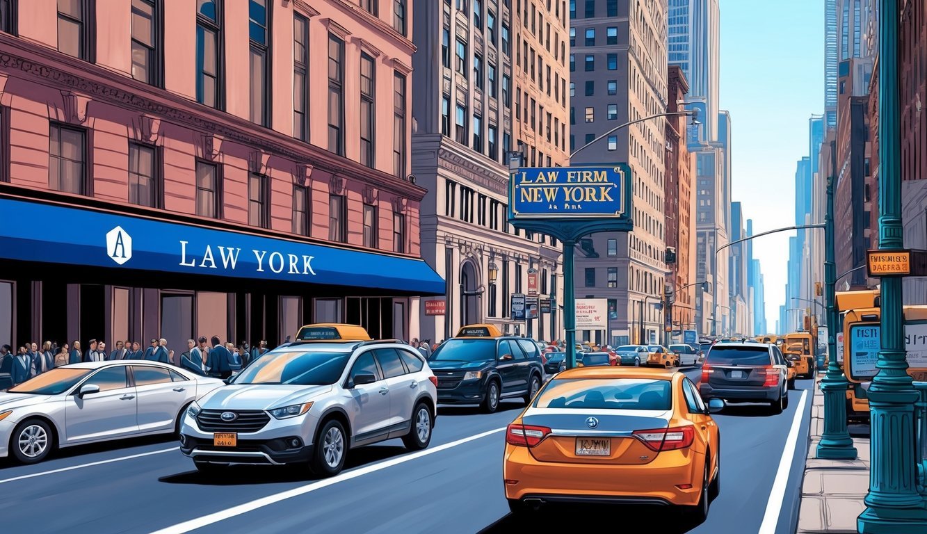 A bustling New York City street with a prominent law firm sign and busy traffic