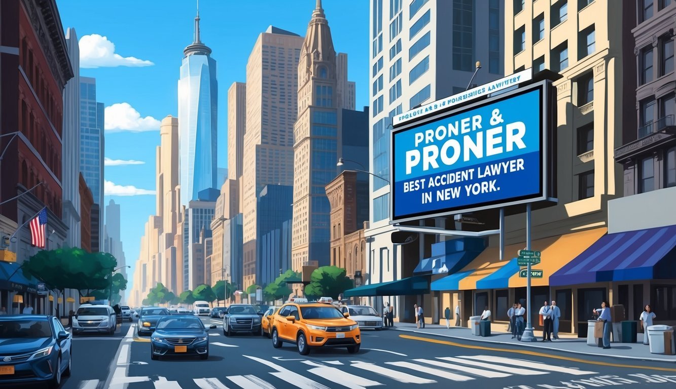 A bustling New York City street with skyscrapers in the background and a prominent billboard advertising "Proner & Proner Best accident lawyer in New York."