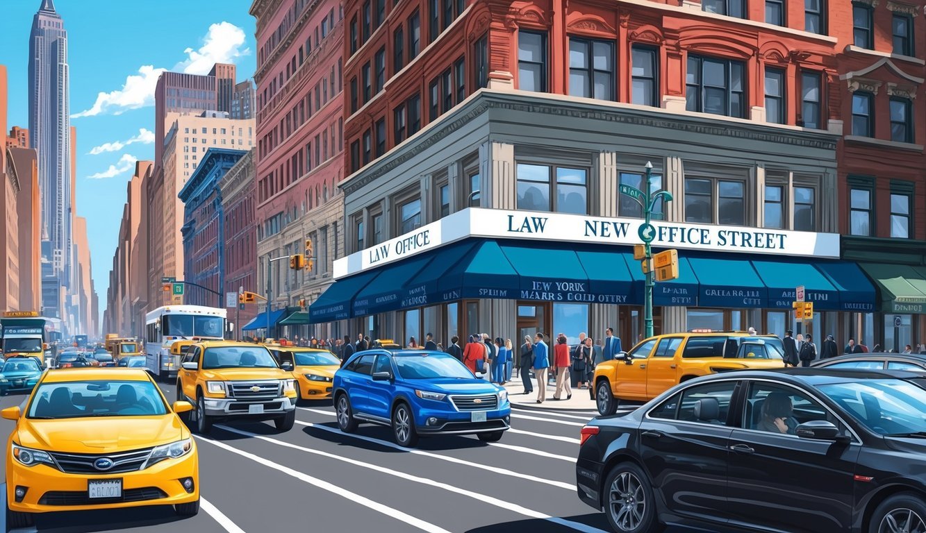 A bustling New York City street with a prominent law office sign and busy traffic