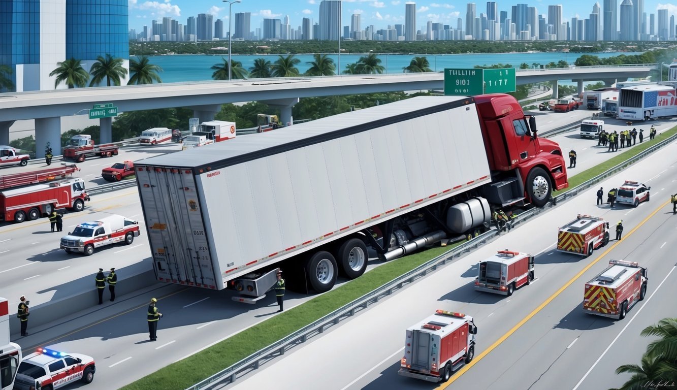 A semi-truck overturned on a busy Miami highway, surrounded by emergency vehicles and a crowd of onlookers