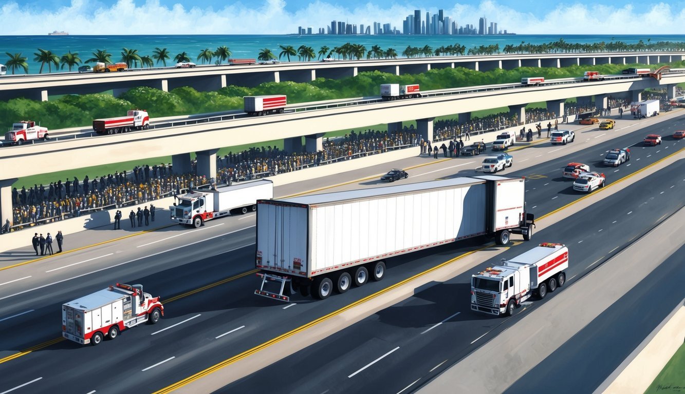 A semi-truck overturned on a busy Miami highway, surrounded by emergency vehicles and a crowd of onlookers