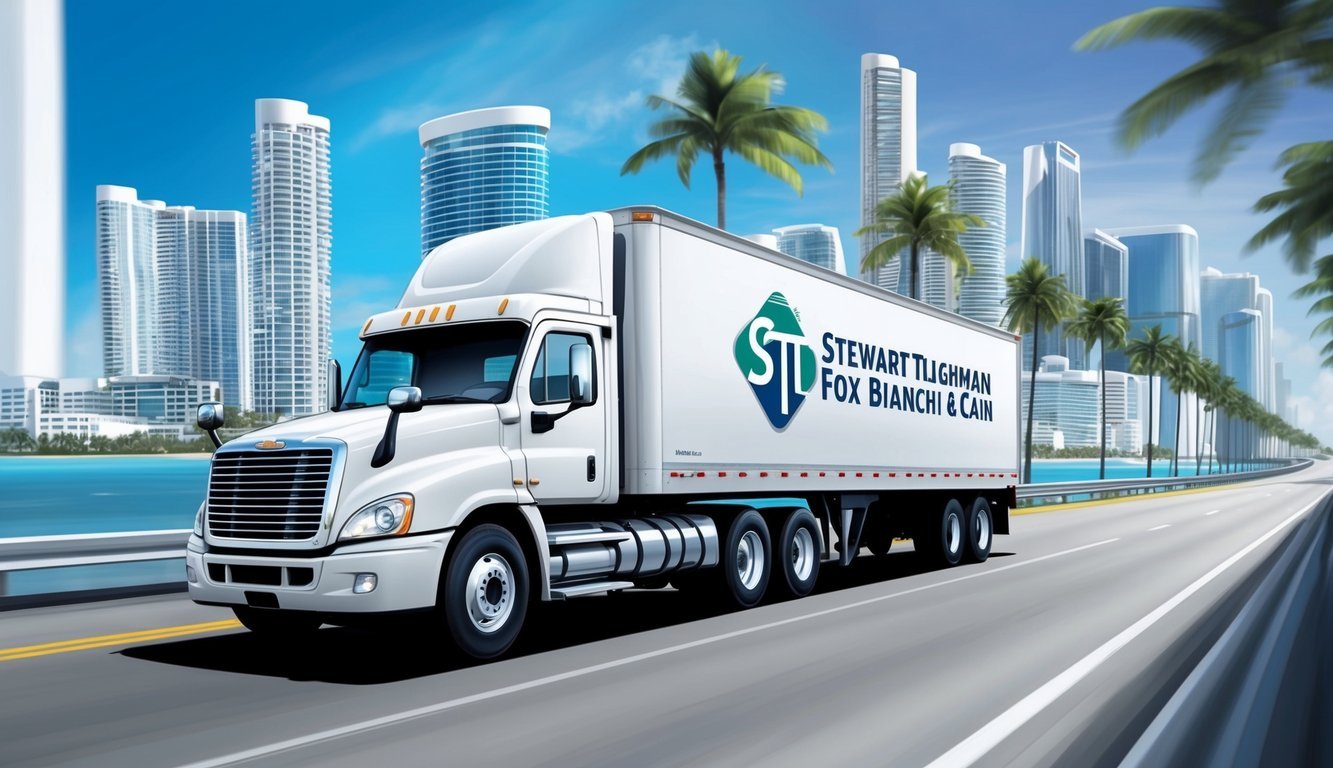 A truck speeding down a Miami highway, surrounded by towering skyscrapers and palm trees, with the logo of Stewart Tilghman Fox Bianchi & Cain prominently displayed on its side