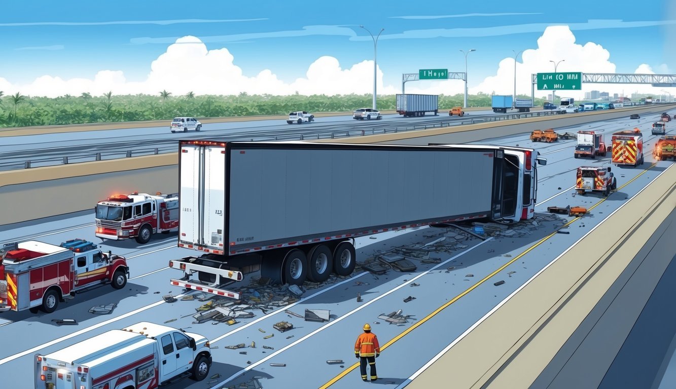 A semi-truck overturned on a busy Miami highway, surrounded by debris and emergency vehicles