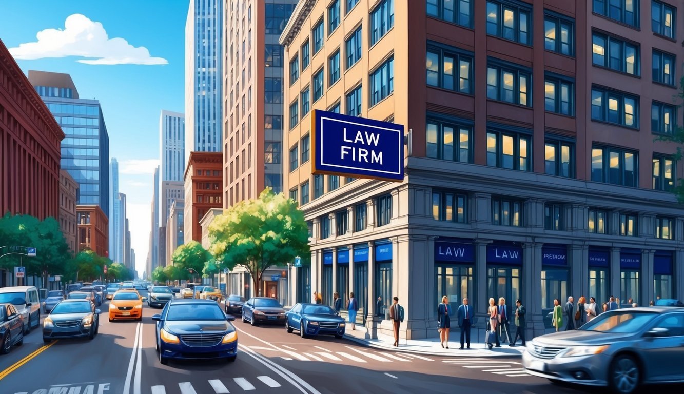 A bustling city street with a prominent law firm sign, surrounded by tall buildings and busy traffic