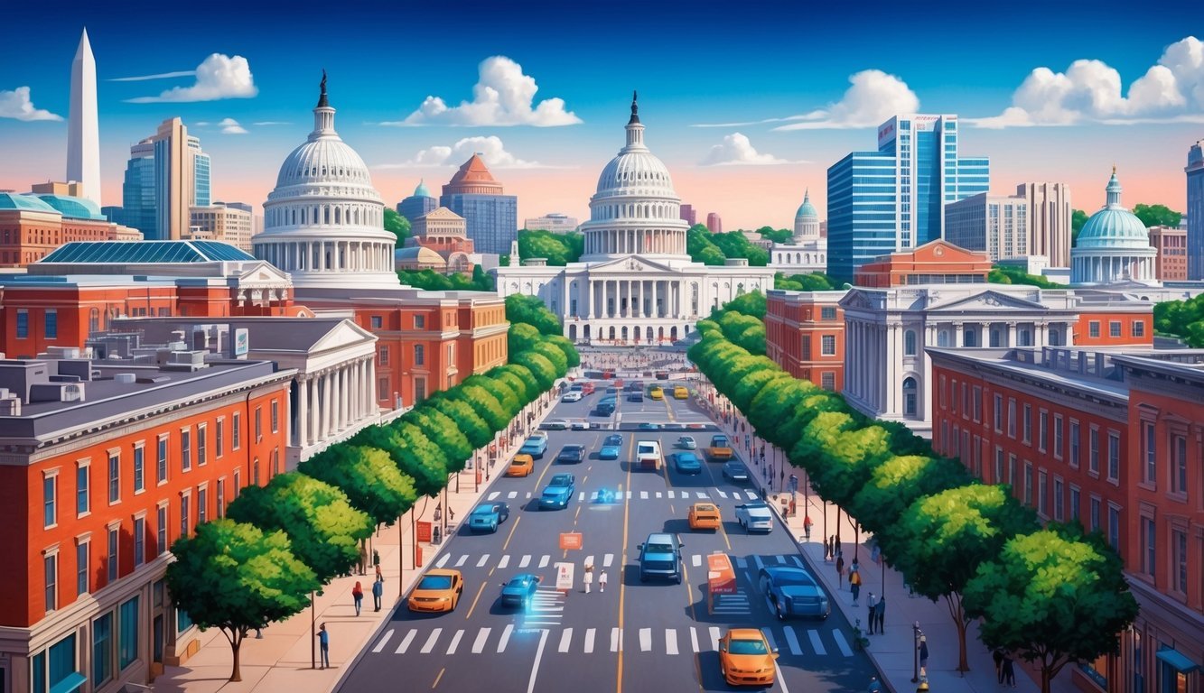 The bustling streets of Washington DC with iconic landmarks in the background, showcasing the city’s vibrant energy and professional atmosphere