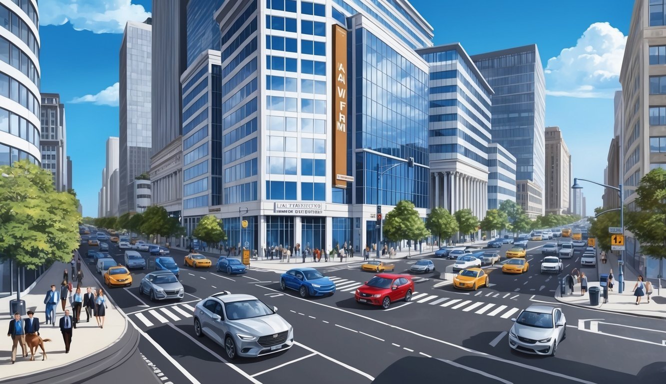 Busy city street with sleek office buildings, a prominent law firm sign, and a bustling flow of traffic and pedestrians