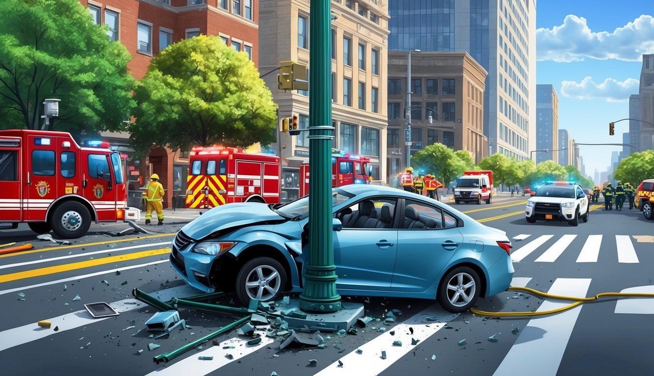 A car crashed into a light pole on a busy city street.</p><p>Debris scattered, and emergency vehicles arrived on the scene