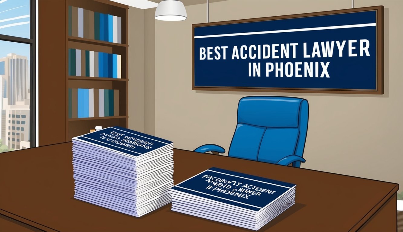 A lawyer's office with a sign reading "Best Accident Lawyer in Phoenix" and a stack of frequently asked questions brochures on the front desk