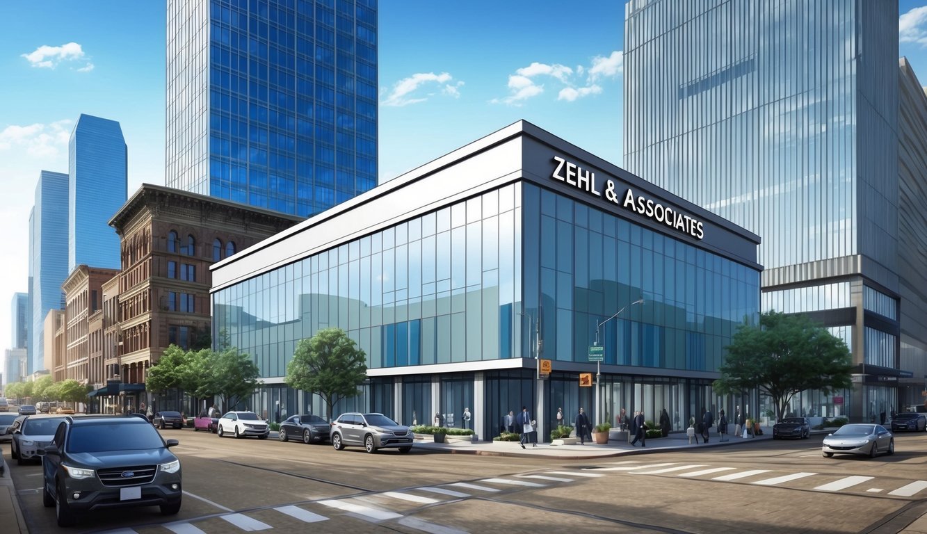 A busy city street with a sleek, modern law office building prominently displaying the name "Zehl & Associates" in Houston