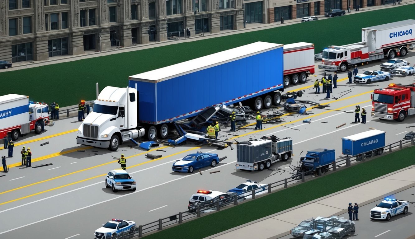 A large 18-wheeler truck crashed on a busy Chicago highway, causing chaos and destruction.</p><p>Emergency vehicles and onlookers gather around the scene