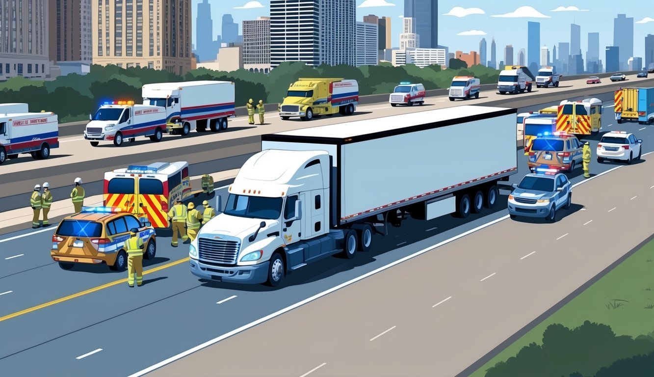 A busy Chicago highway with a large 18-wheeler truck involved in an accident, surrounded by emergency vehicles and concerned onlookers