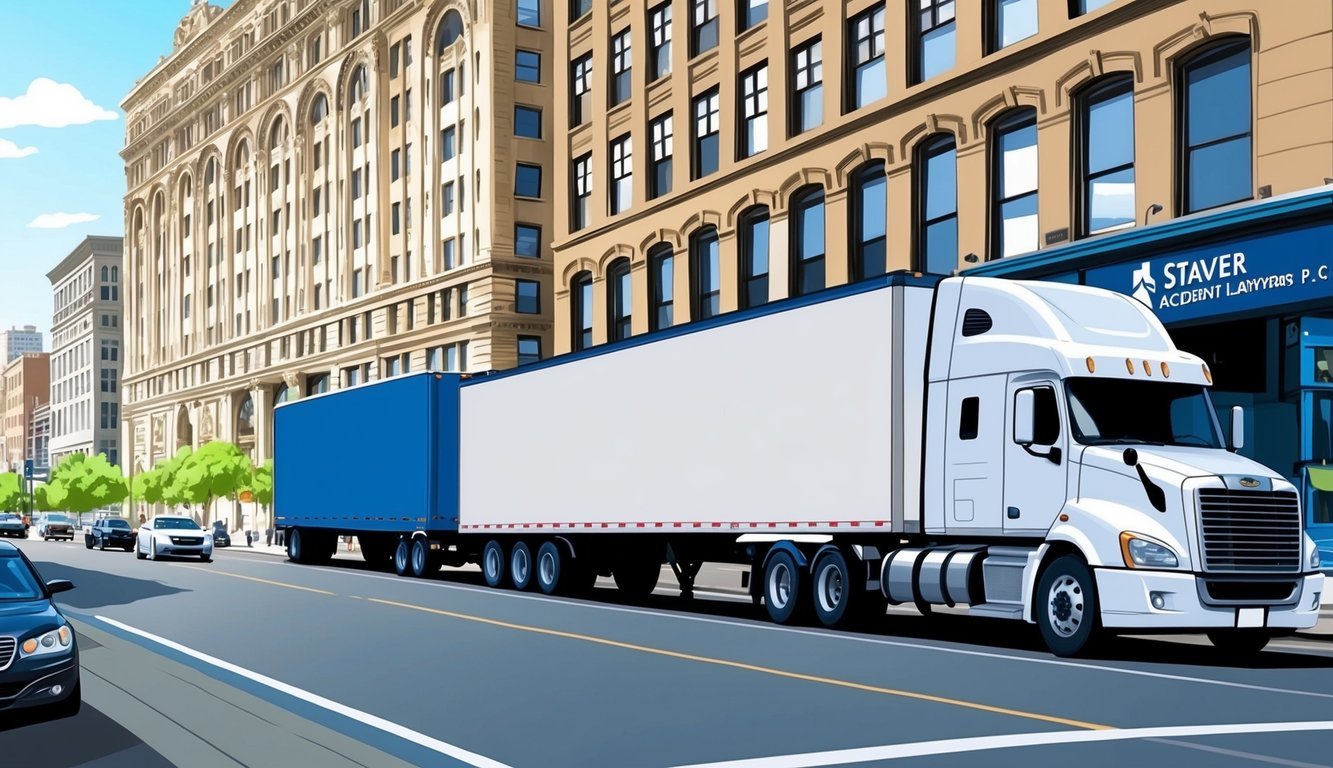 A busy Chicago street with a large 18-wheeler truck and a law office building with the sign "Staver Accident Injury Lawyers, P.C." visible in the background