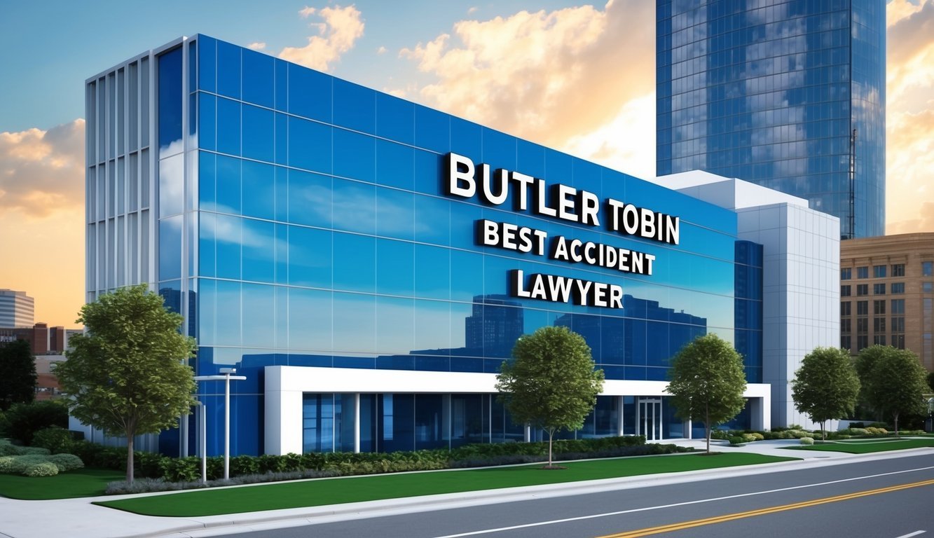 A sleek and modern office building in downtown Atlanta, with the name "Butler Tobin Best Accident Lawyer" prominently displayed on a large sign out front