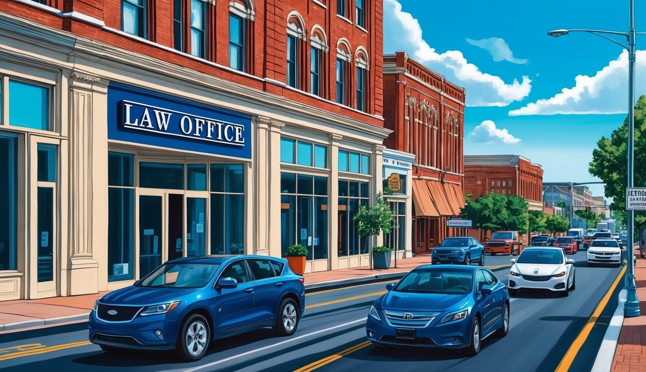 A bustling Atlanta street with a prominent law office sign and a line of traffic passing by