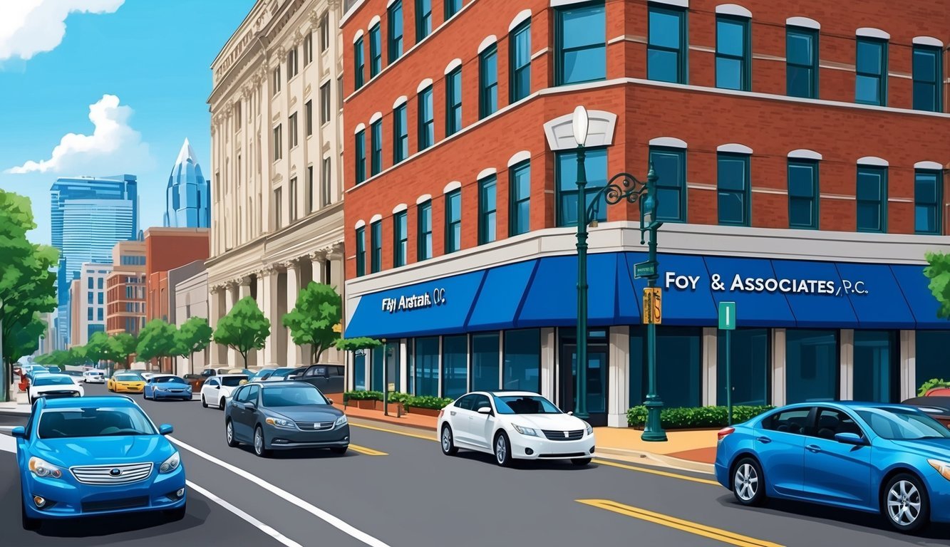 A busy Atlanta street with cars and a law office building with a prominent sign for Foy & Associates, P.C