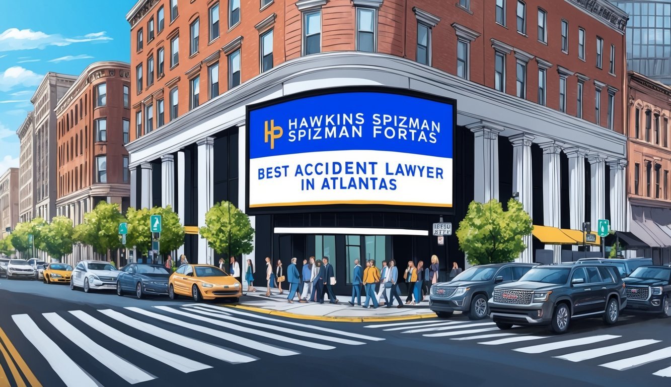 A busy city street with a large, prominent sign for "Hawkins Spizman Fortas Best accident lawyer in Atlanta" displayed on a building facade