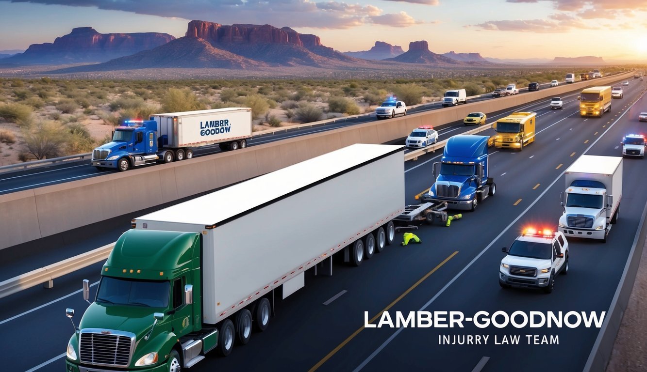A dramatic 18-wheeler accident scene on a Phoenix highway, with emergency vehicles and the Lamber-Goodnow Injury Law Team rushing to the scene
