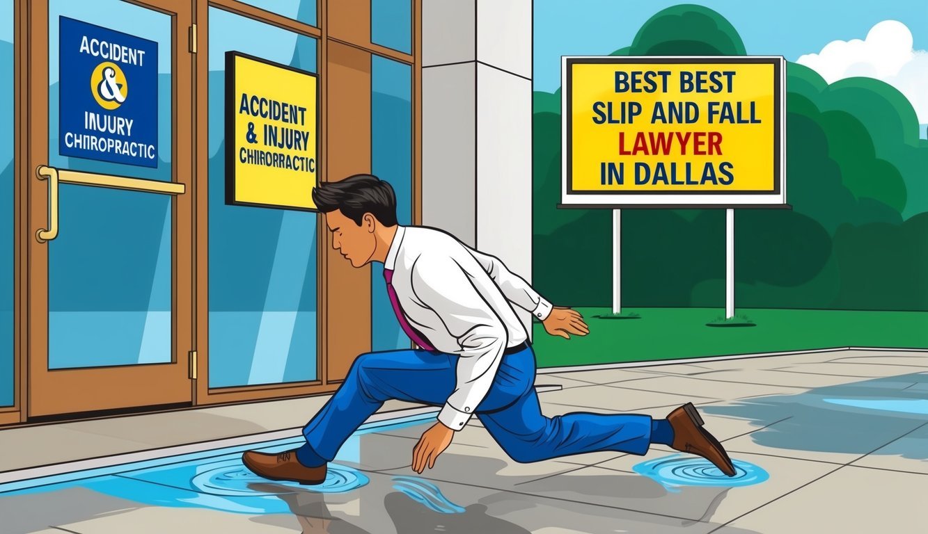 A person slipping on a wet floor outside a building, with a sign for "Accident & Injury Chiropractic" and a billboard advertising the "Best slip and fall lawyer in Dallas" in the background