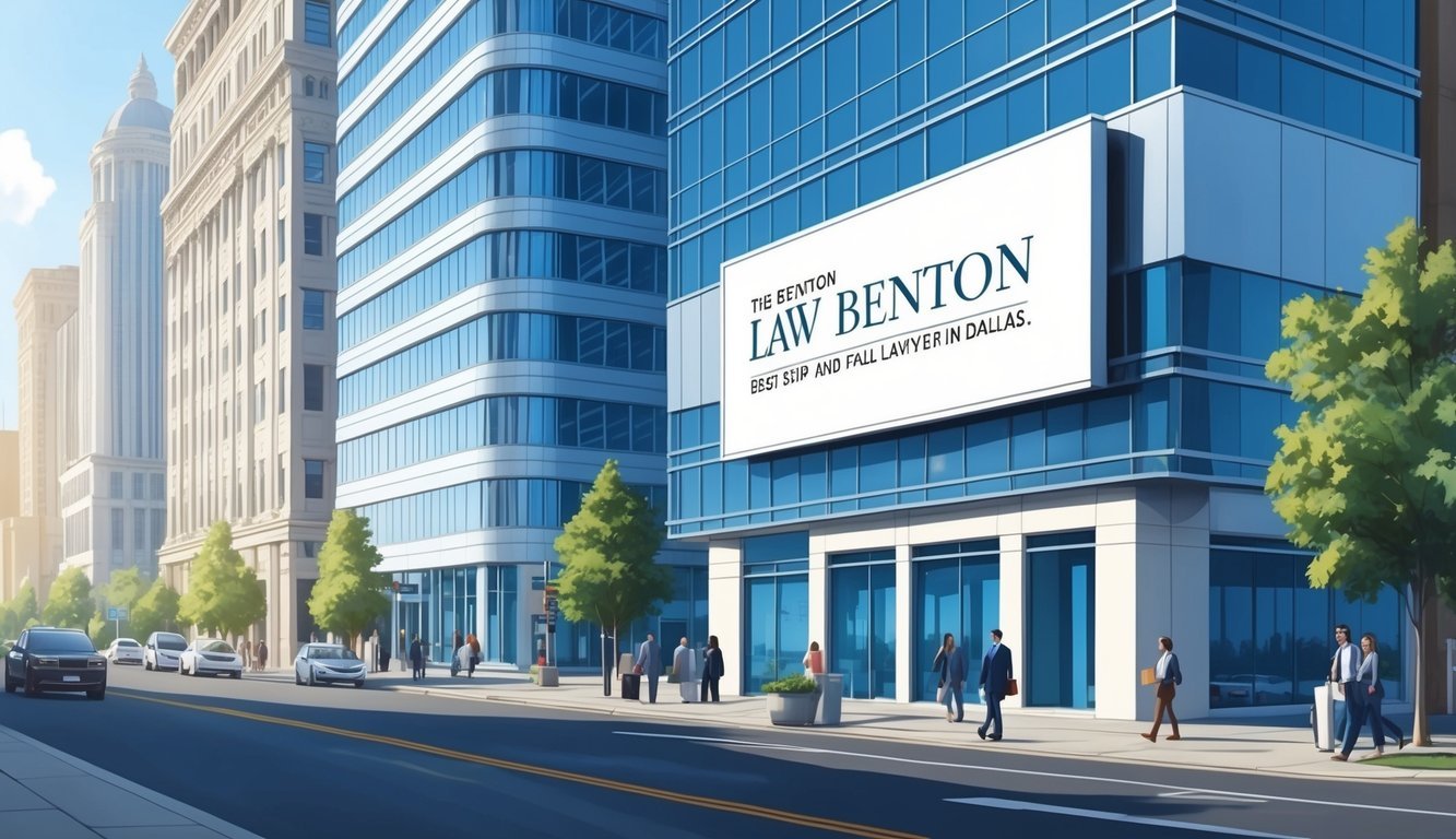 A busy city street with a sleek, modern office building featuring the sign "The Benton Law Firm, Best slip and fall lawyer in Dallas."