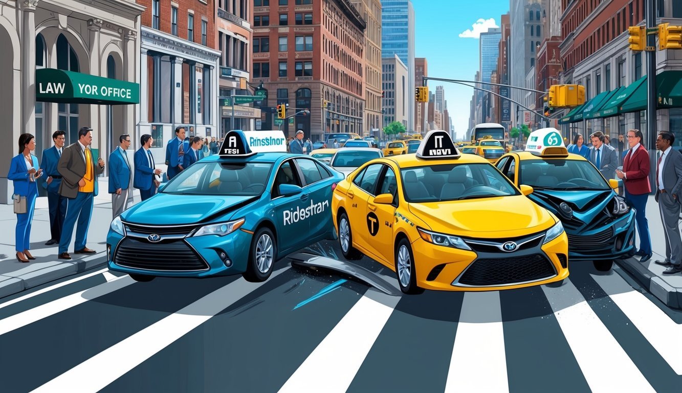 A busy New York street with a yellow taxi and rideshare car involved in a collision, surrounded by onlookers and a law office sign in the background