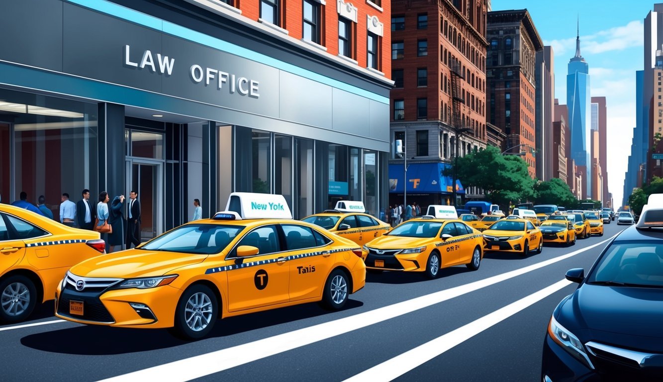 A bustling New York City street with a sleek, modern law office sign and a line of taxis and rideshare vehicles passing by