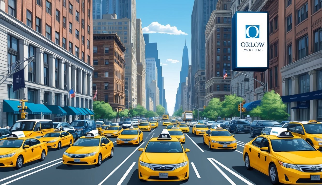 A bustling New York City street with yellow taxi cabs and rideshare vehicles weaving through traffic.</p><p>Tall buildings line the road, with the Orlow Firm's logo displayed prominently on a billboard