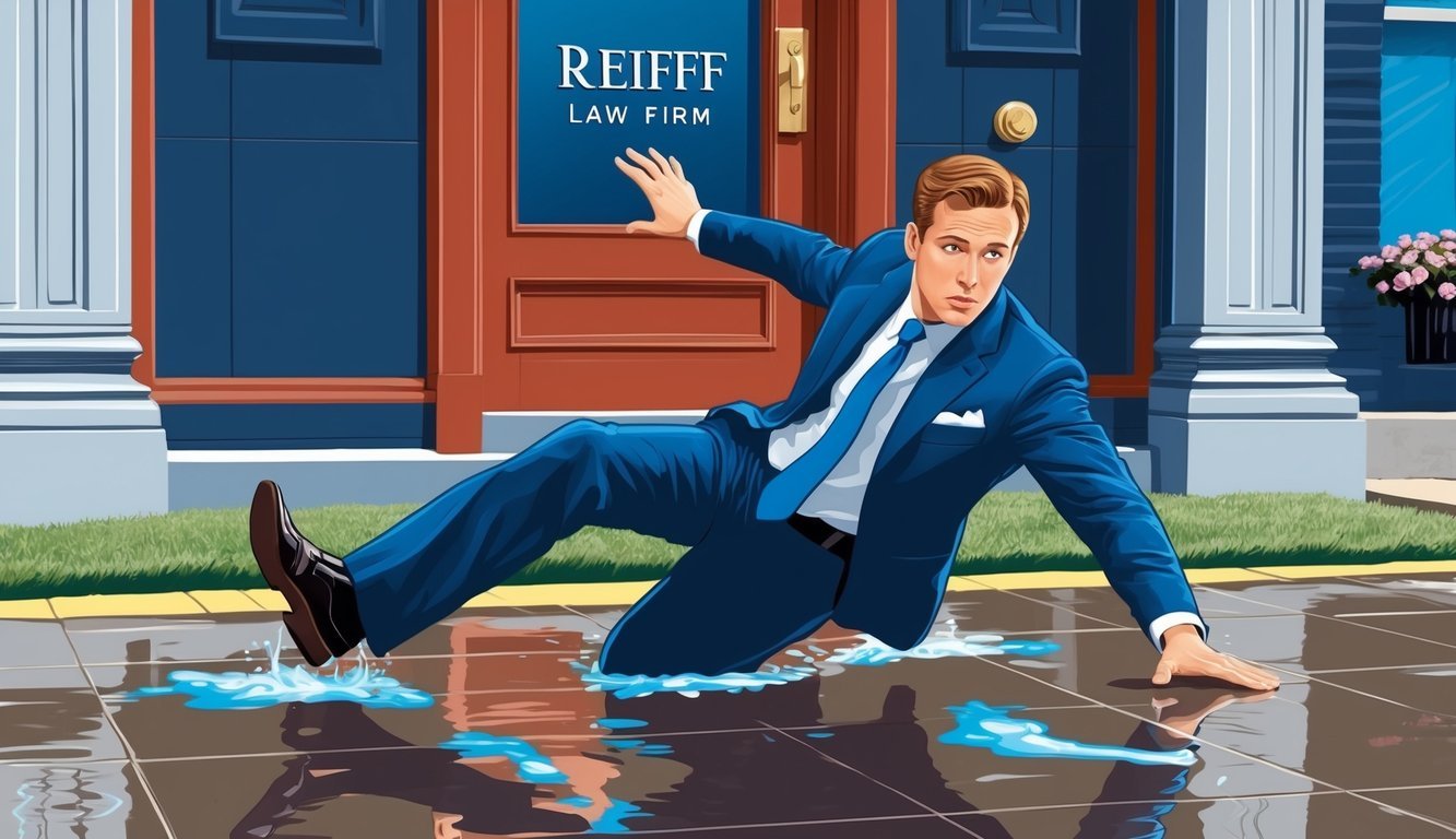 A person slipping on a wet floor outside Reiff Law Firm in Philadelphia