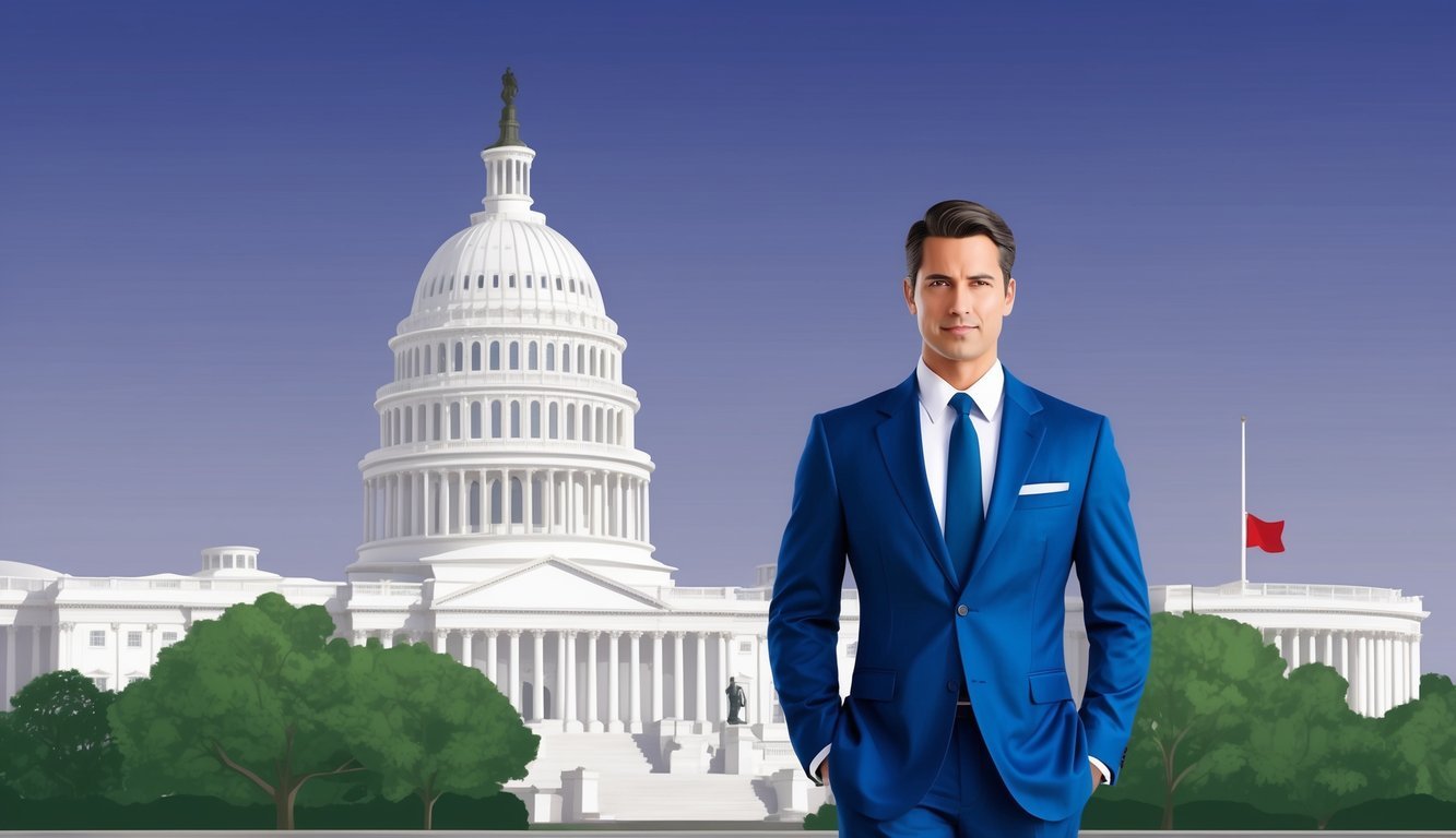 A confident lawyer in a sharp suit standing in front of the Washington DC skyline