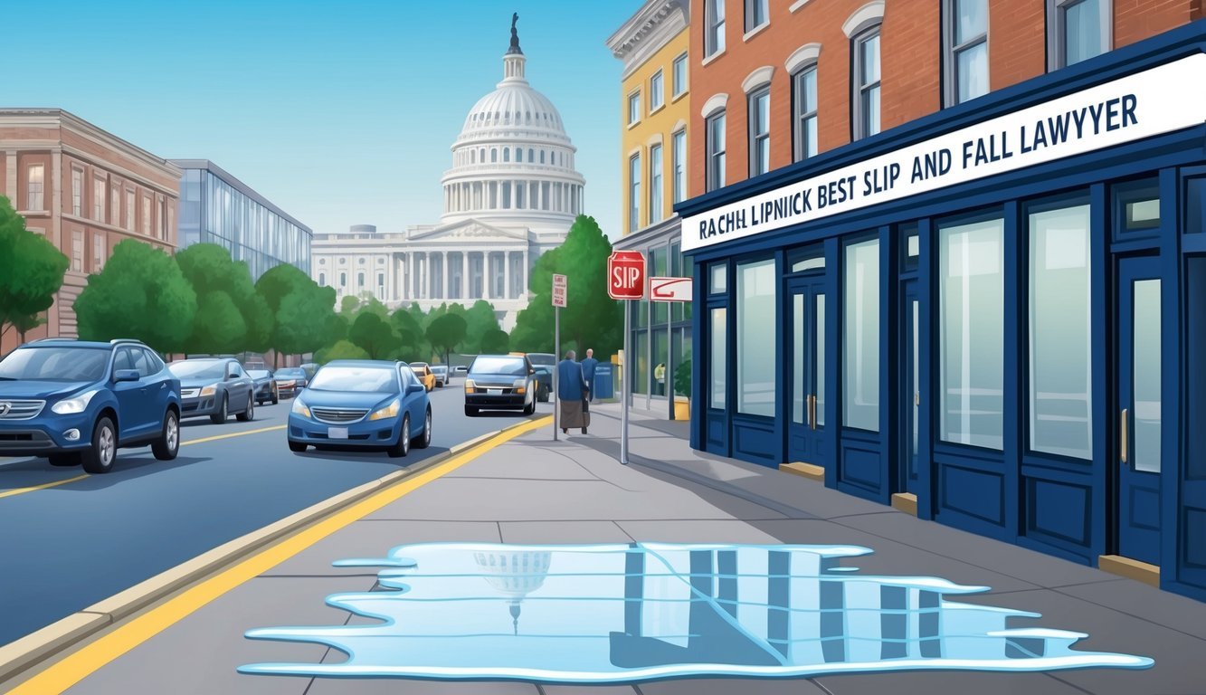 A busy city street in Washington DC, with a slick patch of ice in front of a building labeled "Rachel Lipnick Best slip and fall lawyer."