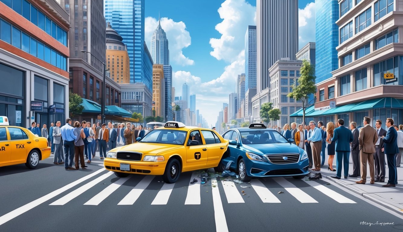 A bustling city street with skyscrapers in the background, a taxi and rideshare car colliding in the foreground, and a group of people gathered around the accident