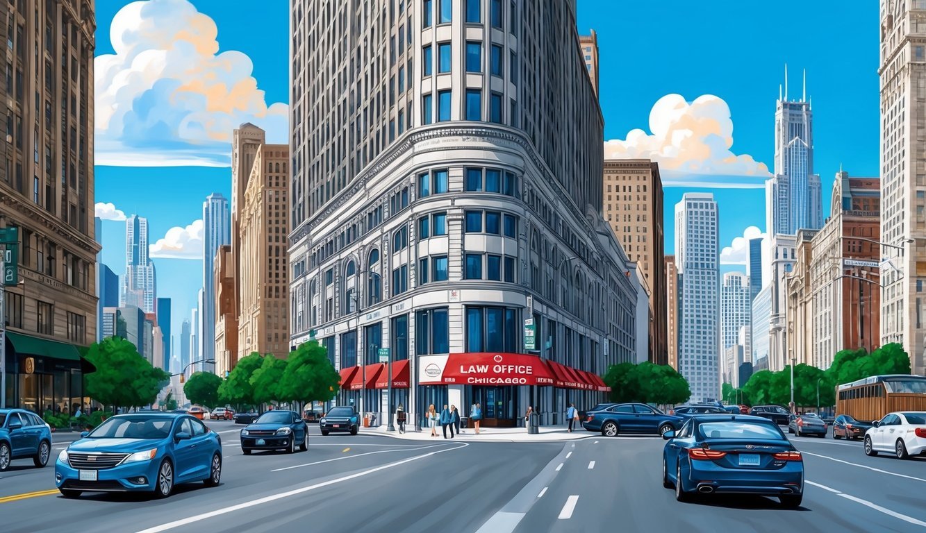 A busy city street with a prominent law office sign, surrounded by traffic and skyscrapers in Chicago