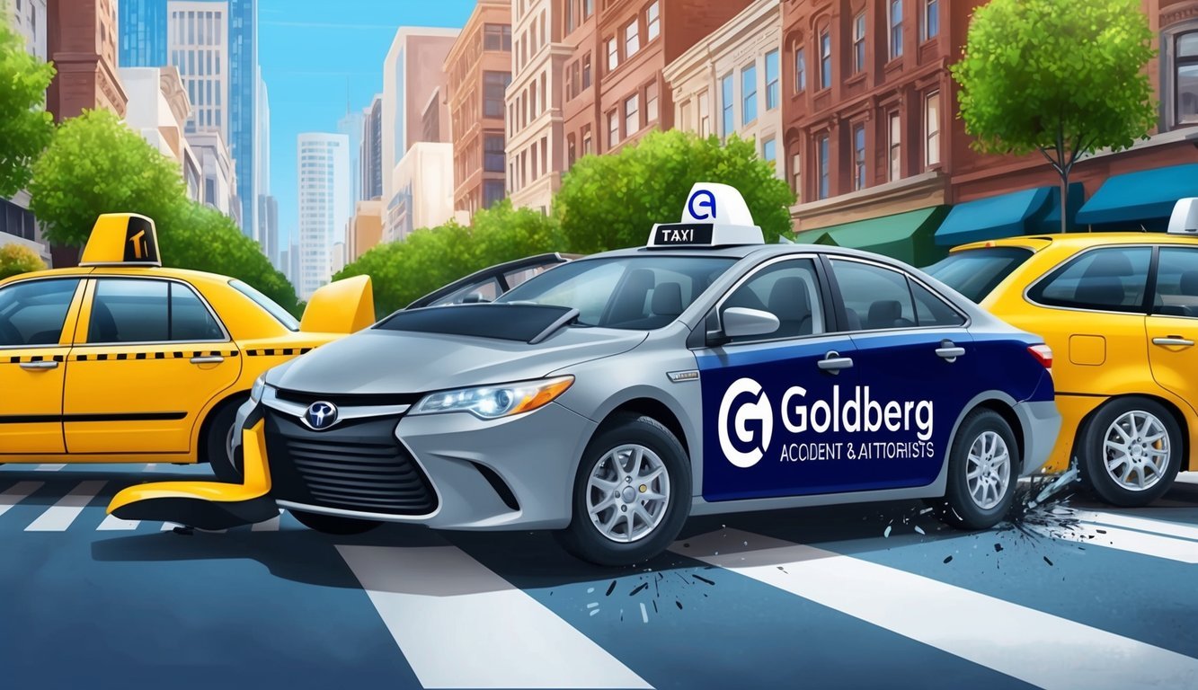 A busy city street with a yellow taxi and a rideshare car involved in a collision.</p><p>The rideshare car has a prominent logo for "Goldberg Accident & Injury Attorneys."