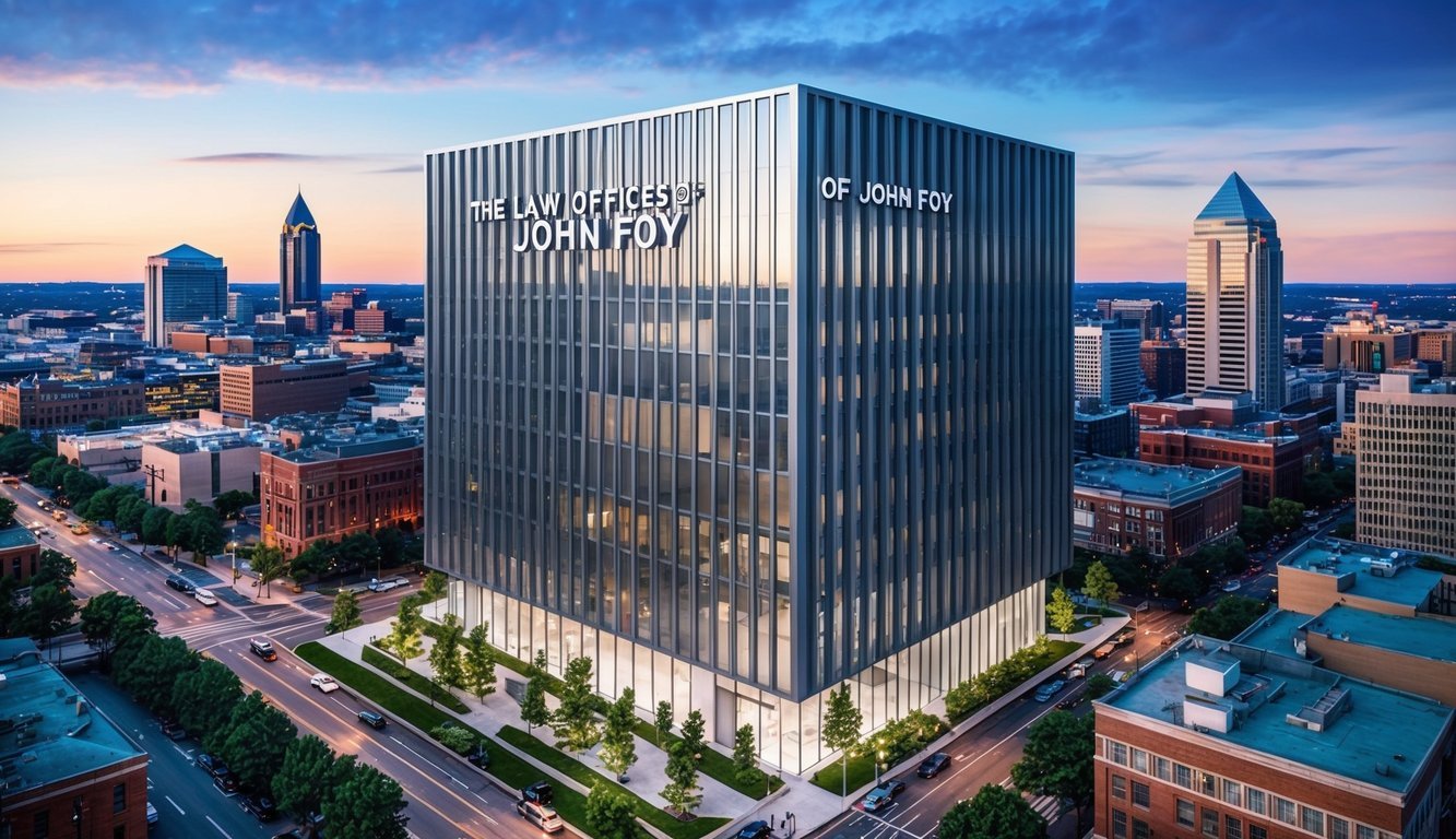 A sleek and modern office building with the name "The Law Offices of John Foy" prominently displayed, surrounded by the bustling city of Atlanta