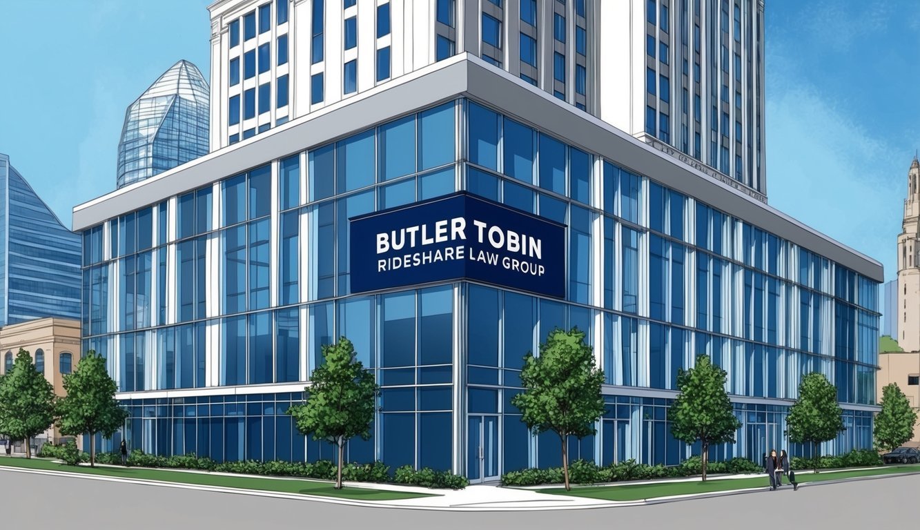 A sleek, modern law office in downtown Atlanta, with a prominent sign reading "Butler Tobin Rideshare Law Group" on the front facade