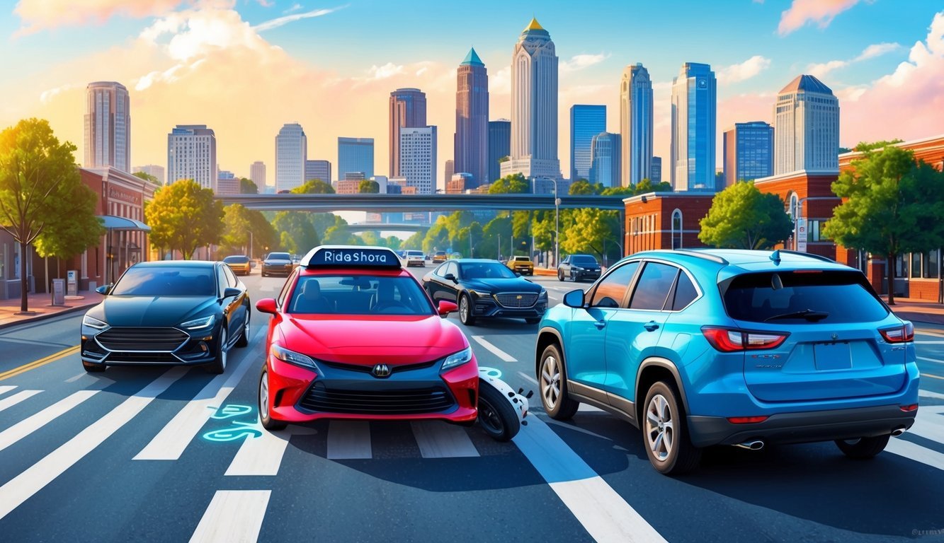 A bustling city street with a car accident involving a rideshare vehicle and another car, with the Atlanta skyline in the background