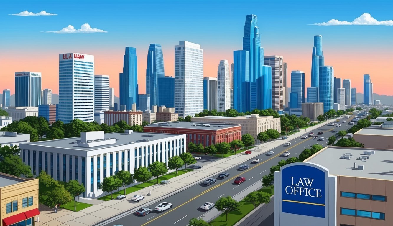 A busy Los Angeles cityscape with skyscrapers and a law office sign