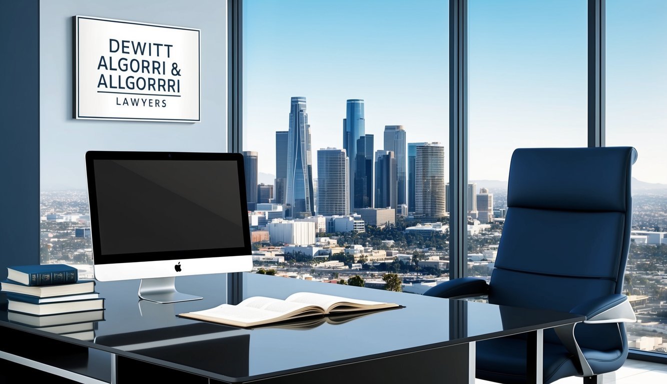 A sleek, modern office with a skyline view of Los Angeles.</p><p>A desk with a computer, law books, and a sign reading "Dewitt Algorri & Algorri, Lawyers."