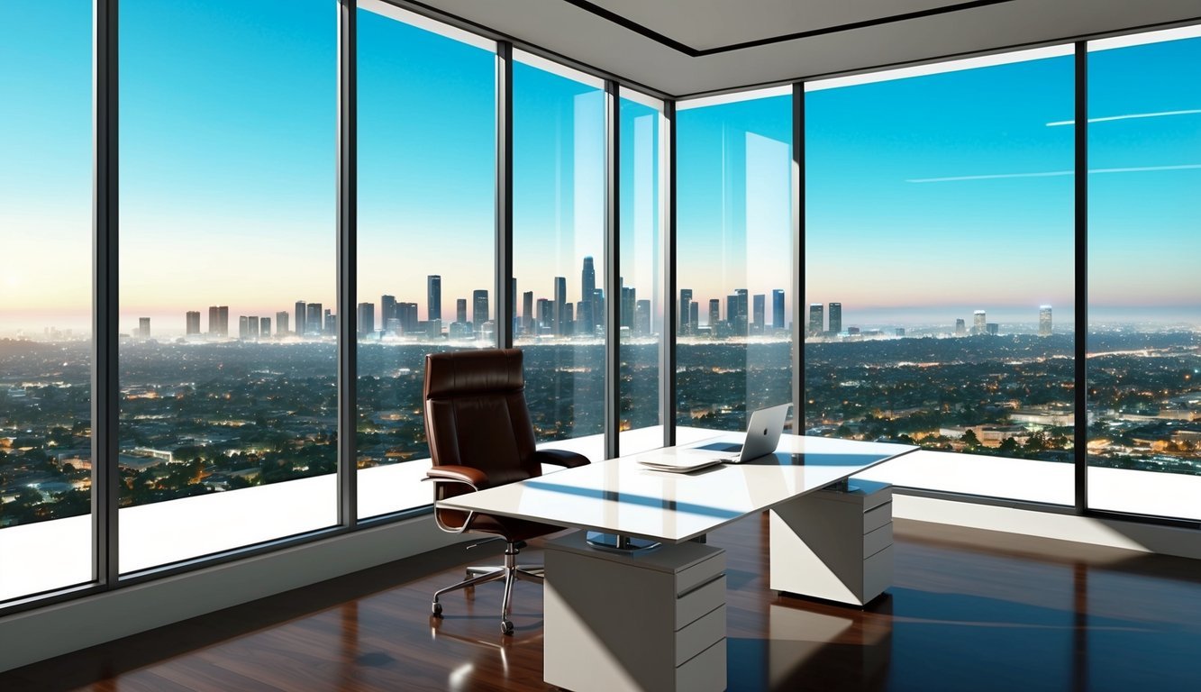 A modern office interior with a sleek desk, leather chair, and large windows overlooking the Los Angeles skyline