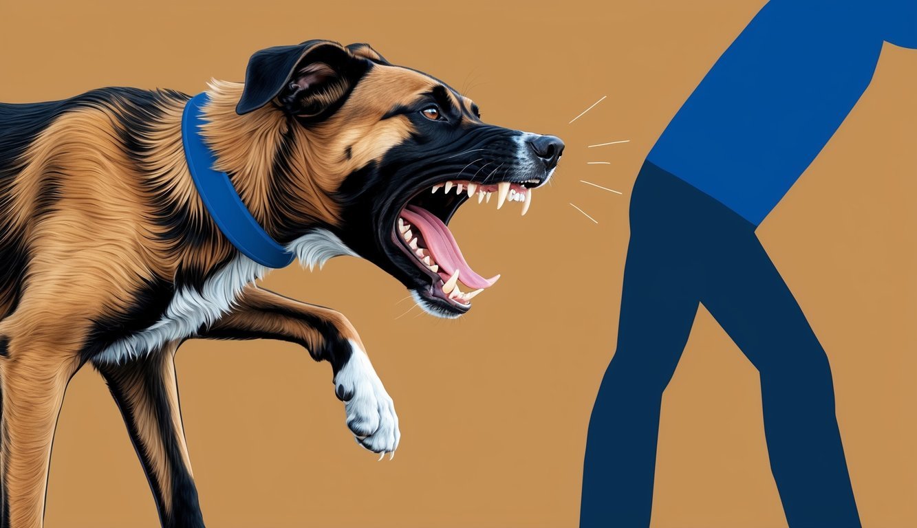 A snarling dog lunges towards a figure, teeth bared