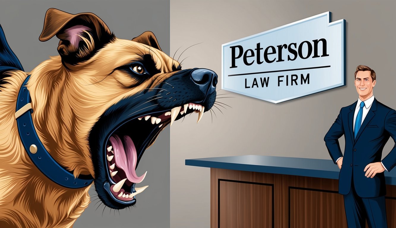 A fierce dog bares its teeth, snarling, as a figure in a suit stands confidently in front of the Peterson Law Firm sign