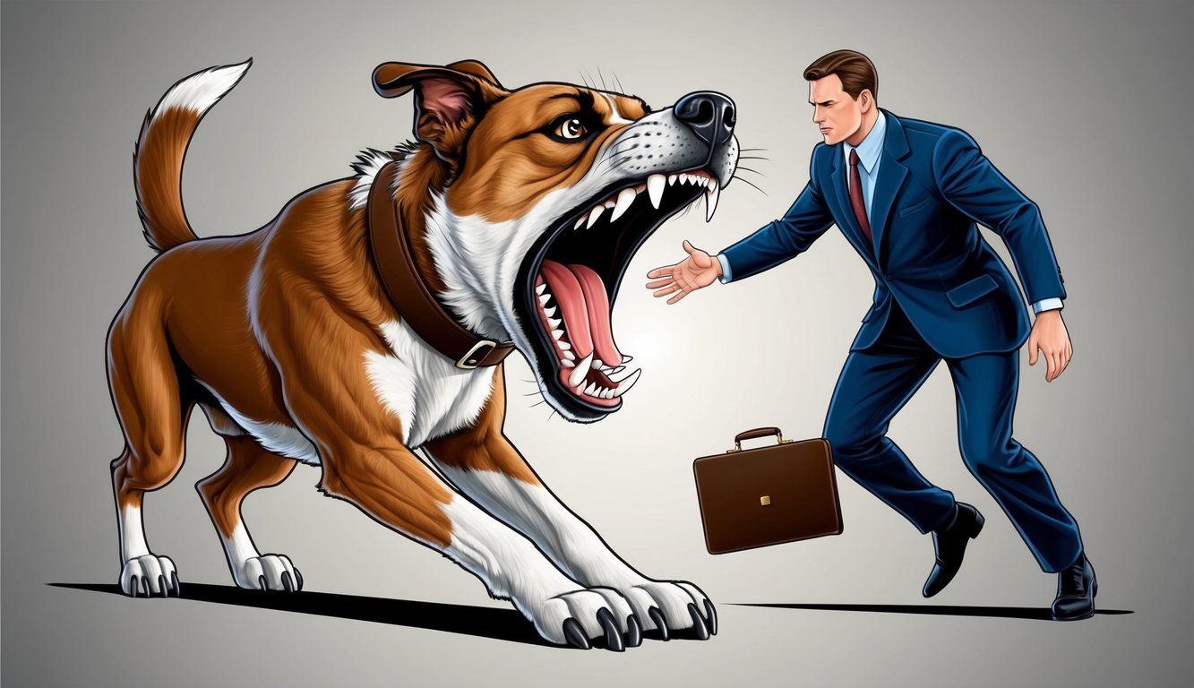 A snarling dog with sharp teeth lunging forward, while a figure in a suit holds out a briefcase in defense