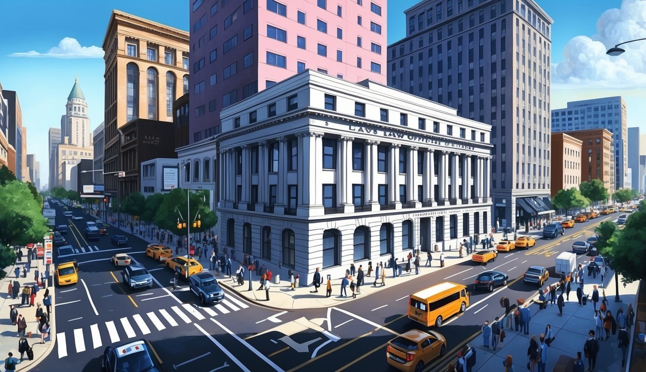 A busy city street with a prominent law office building, surrounded by other businesses and bustling with pedestrians and traffic