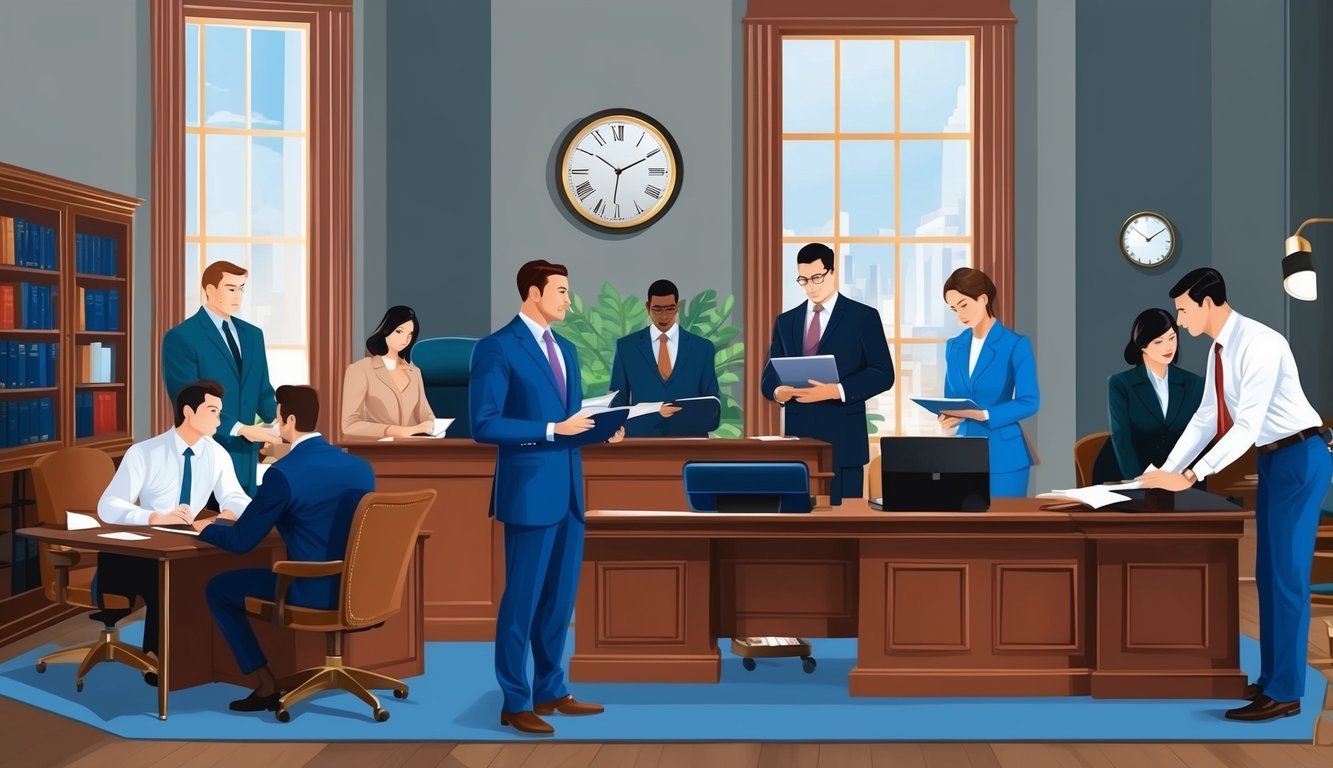 A busy law office in Philadelphia, with lawyers consulting clients and working on cases