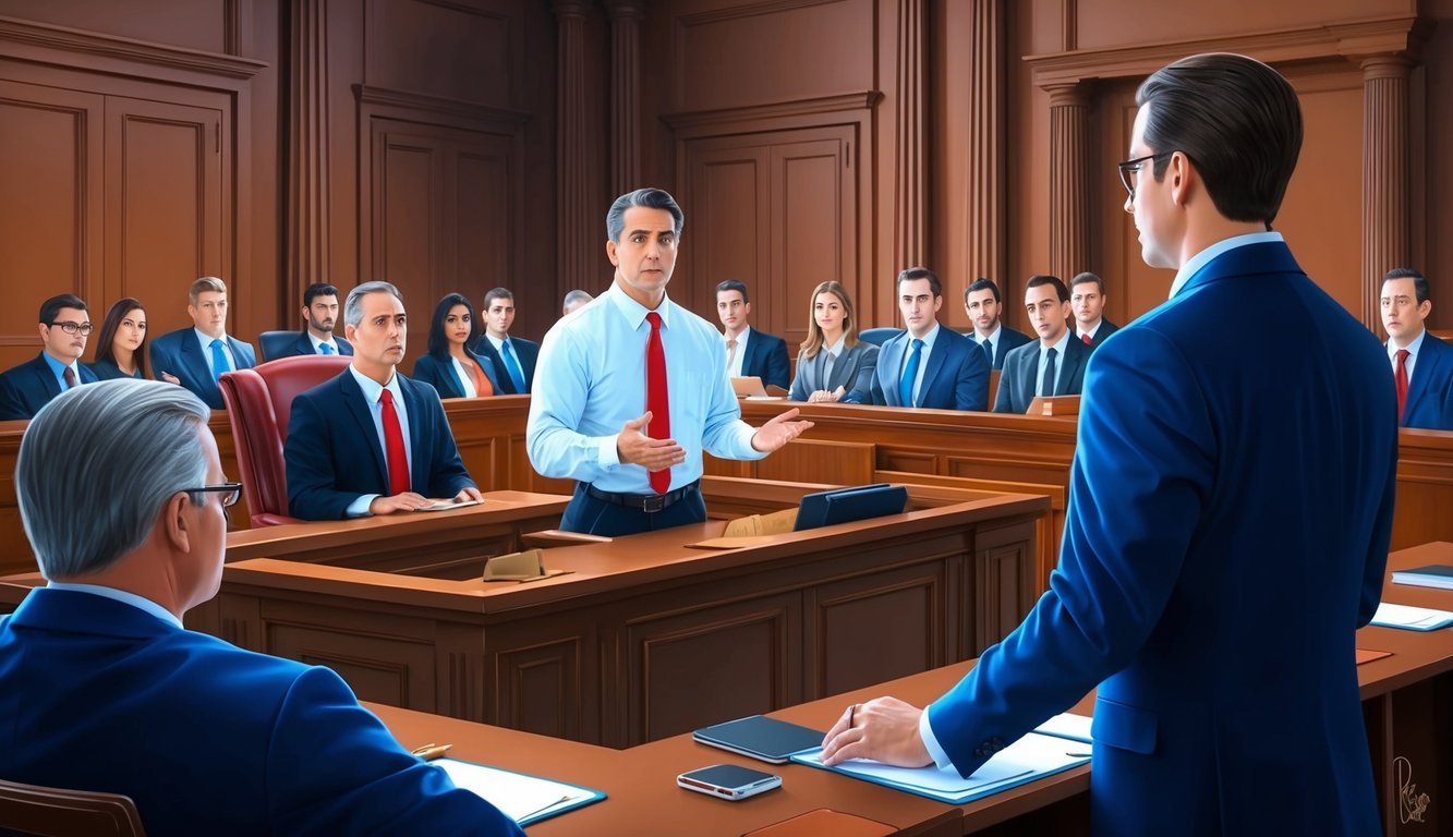 A courtroom scene with a lawyer presenting a case for work injury in Philadelphia