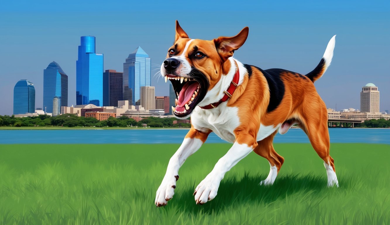 A snarling dog lunges towards the viewer, teeth bared, against a backdrop of the Houston skyline