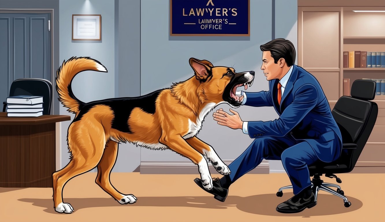 A fierce dog lunging at a person, with a lawyer's office in the background